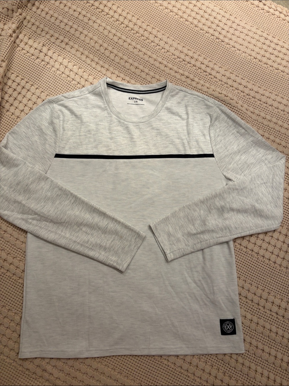 Express Light Gray Long Sleeve Crew with Black Chest Stripe size L